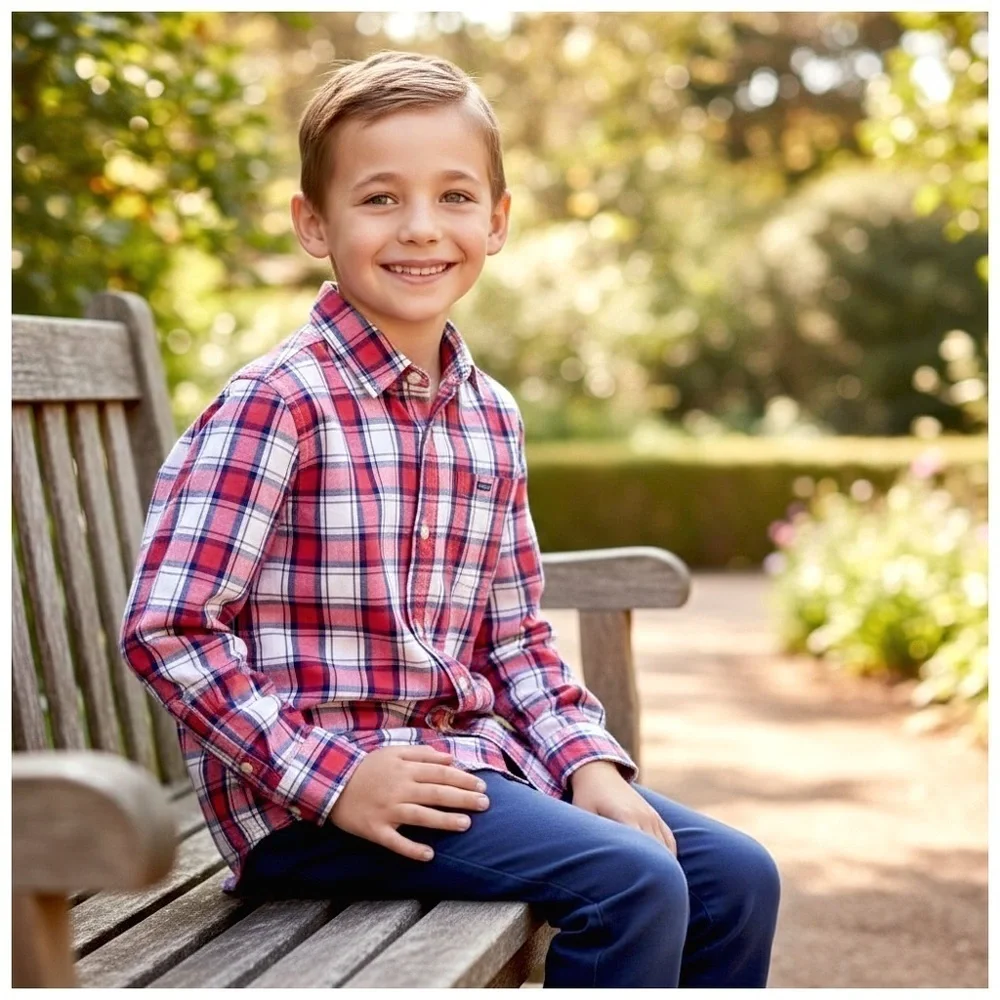 The Childrens Place Plaid Button-Down Shirt. Red, Pink, Blue, Gray. 10/12​​​